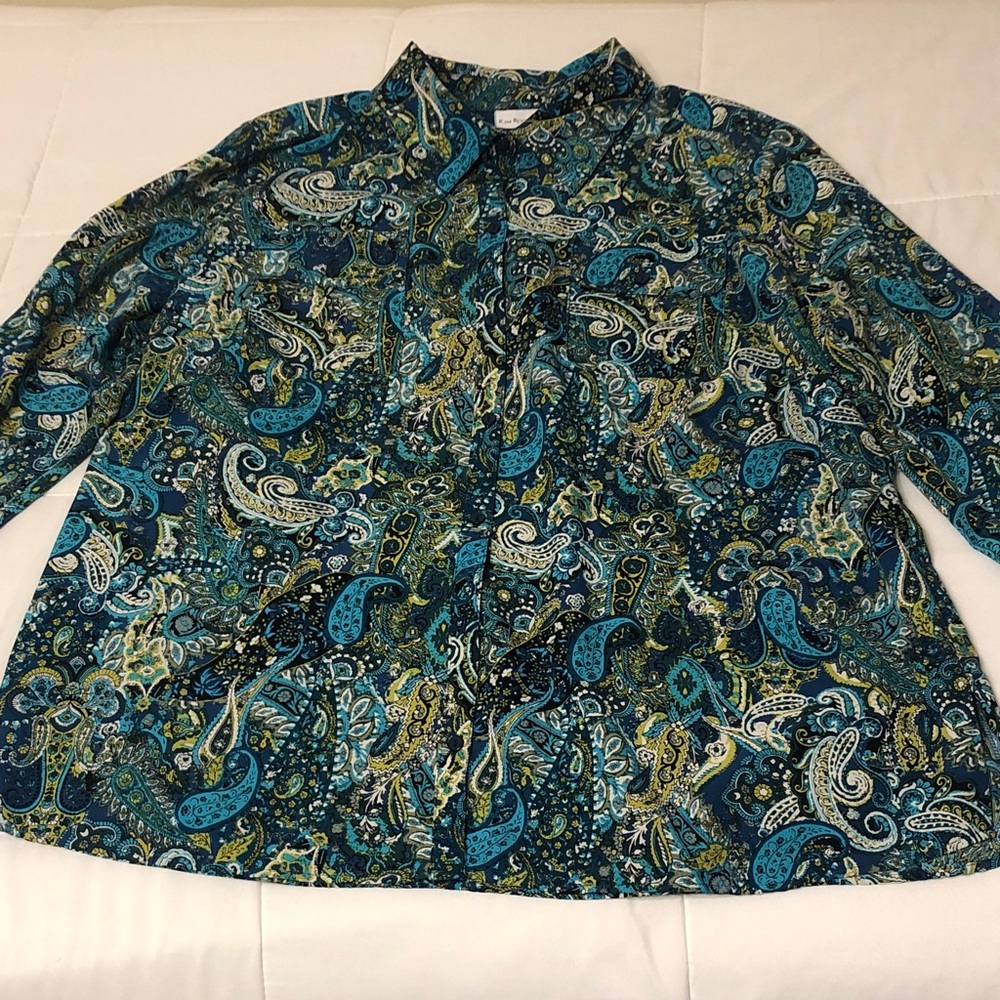 Kim Rogers Woman Turquoise Paisley Long Sleeve Roll Tab Tunic Size 3X